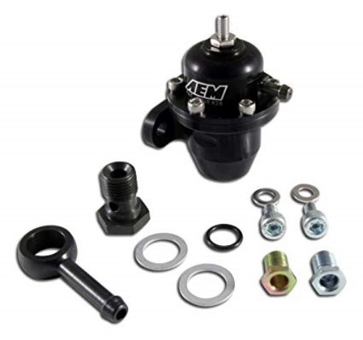 Billede af AEM 25-303BK EFI brændstoftrykregulator inline 2x AN6 ORB / 1x AN6 ORB